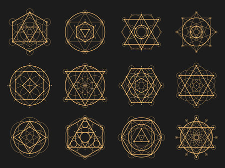 Sacred esoteric geometry. Vector Metatron cube, flower of life, sri yantra, merkaba and tree of life. Hexagram, vesica pisci, seed of life or pentagram. Heptagram, octagram spiritual symmetrical signsのイラスト素材