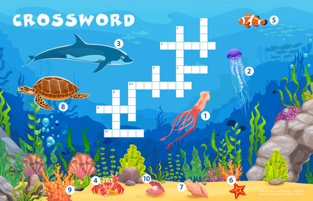Crossword quiz game grid with underwater sea animals including a dolphin, turtle and crab, jellyfish, clownfish or squid. Vector educational worksheet for teaching kids vocabulary related to the oceanのイラスト素材