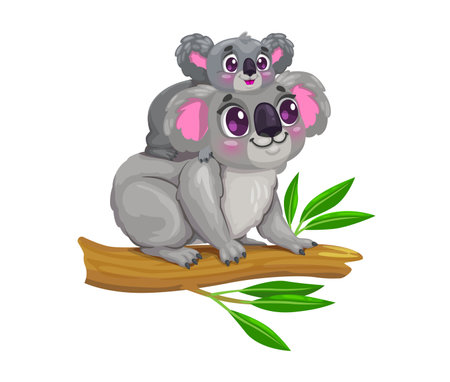 Cartoon cute koala bear mother with child character. Zoo animal childish isolated vector personage, Australia jungle bear cute or koala mom with kid comical characters sitting on eucalyptus branchのイラスト素材