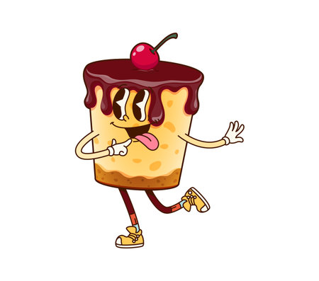 Groovy cake character, fun and quirky cartoon vector biscuit dessert personage with a cherry on top...