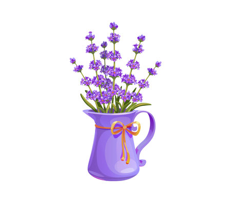 Cartoon lavender flowers in a purple decorative vase. Isolated vector violet pitcher, adorned with a ribbon, filled with a vibrant wildflowers bouquet. Home decor, aromatherapy or floral design itemのイラスト素材