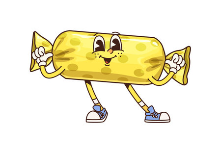 Retro groovy candy character. Cartoon vector sweet sugar food. Cheerful hippie bon-bon personage with a vibrant, yellow wrapper, playful expression and whimsical pose, exuding a fun and nostalgic vibeのイラスト素材