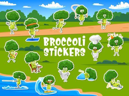 Stickers pack of broccoli vegetable characters on fitness sport activities. Vector patches with funny yet healthy veggies exercising, surfing, cooking or relaxing at green outdoor summer field settingのイラスト素材