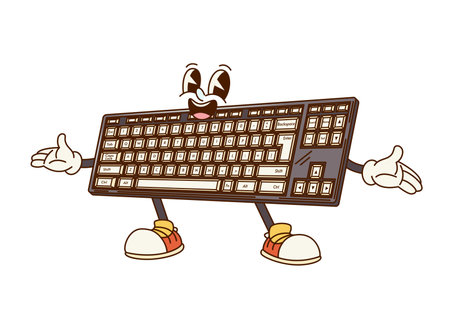 Groovy computer keyboard character in retro cartoon, vector comic personage. Groovy funny old keyboard from PC computer with happy smile and silly laughing face for funky cartoon retro characterのイラスト素材