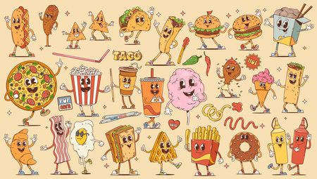 Fast food and breakfast cartoon retro groovy characters. Vintage hippie burger, pizza, sandwich and drinks with dessert vector personages. Cute hot dog, french fries, soda, coffee, donut and ice creamのイラスト素材