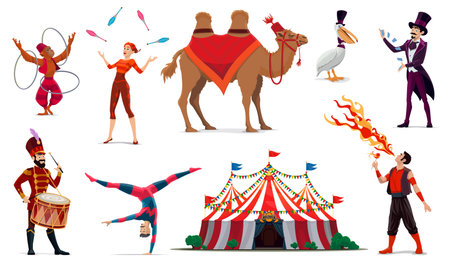 Cartoon circus characters of carnival artists, animals and top tent. Vector magician, acrobat and juggler, fire breather and drummer personages, monkey, camel and pelican performers of circus showのイラスト素材