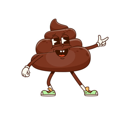 Cartoon poop emoji, happy toilet shit emoticon, funny poo excrement character with a confident expression, pointing with one hand, wearing sneakers and gloves, exuding a laid-back and humorous vibeのイラスト素材