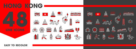 Hong Kong travel landmark line icons of Asian sightseeing and tourism, vector symbols. Hong Kong flag and map, Buddha pagoda temple and city architecture, dragon and tour boat with national symbolsのイラスト素材