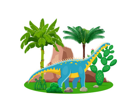 Barapasaurus prehistoric dinosaur character. Cartoon vector colorful dino standing at lush scenic landscape with rugged rock, ferns, and vibrant palm trees. Peaceful scene of ancient history timeのイラスト素材