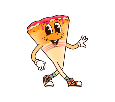 Groovy crepe dessert character with playful face, wearing retro sneakers, exudes joy and energy with wide smile. Cartoon vector fun thin pancake, breakfast food personage exudes happy and funky vibesのイラスト素材
