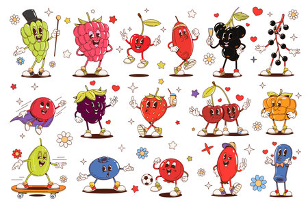 Retro cartoon groovy berry fruit characters, vector food. Funny raspberry, strawberry and cherry, psychedelic hippy blueberry, cranberry, blackberry and gooseberry fruit personages, groovy berry foodのイラスト素材