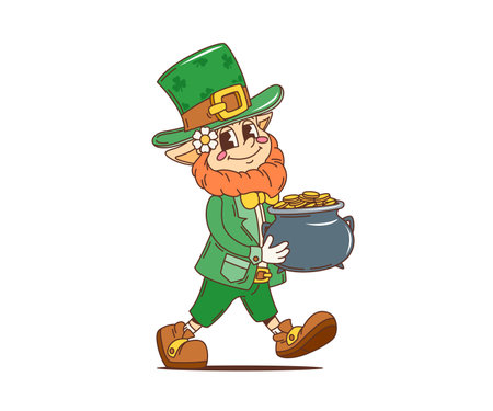 Cartoon retro leprechaun groovy character with pot of golden coins, Saint Patrick Day holiday vector personage. Funny leprechaun groovy character with shamrock on hat for Irish St Patrick Day holidayのイラスト素材