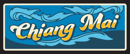 Chiang Mai Thailand province vintage travel plate with blue sky. Thai travel tin plate, old metal banner and vintage sticker. Chiengmai or Chiangmai, city in northern Thailandのイラスト素材