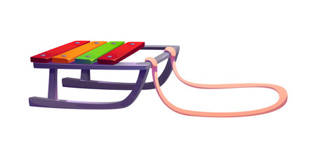 Cartoon wood sled for winter Christmas holiday fun. Isolated vector kids sleigh with low seat made of brightly colored planks, curved runners and a rope for easy pulling and gliding down snowy hillsのイラスト素材