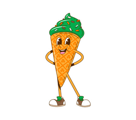 Groovy cartoon Saint Patrick day ice cream character for Irish holiday, vector funky retro. Groovy cartoon green ice cream in wafer cone with shamrock clover, happy face for St Patrick Day characterのイラスト素材