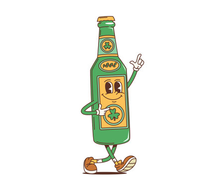 Cartoon retro groovy green beer bottle character for Saint Patrick Day holiday, vector personage. Funny groovy beer bottle with shamrock clover leaf label in 70s hippie art for St Patrick Day holidayのイラスト素材