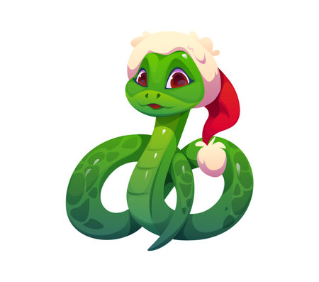 Cartoon Christmas cute green snake animal character with large brown eyes, wearing a red Santa Claus hat. Isolated vector reptile symbol of 2025 Chinese Lunar Year, radiating festive joy and traditionのイラスト素材