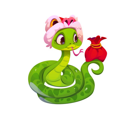Cute cartoon snake in traditional dragon hat holding red money sack. Isolated vector funny curled green festive Chinese zodiac reptile animal, symbol of wealth and prosperity for the 2025 lunar yearのイラスト素材