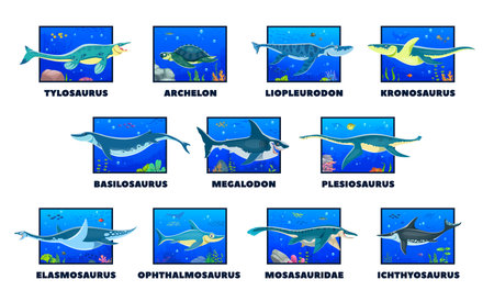 Cartoon prehistoric underwater dinosaurs. Vector set of ancient underwater creatures, with their names. Sea and ocean swimming dino animals in colorful, vibrant scenes with marine plants and coralsのイラスト素材