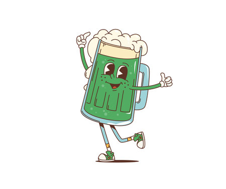 Cartoon retro groovy green beer character for Saint Patrick Day holiday, vector personage. Funny groovy Irish green ale mug with happy face and thumb up in 70s hippie art for St Patrick Day holidayのイラスト素材
