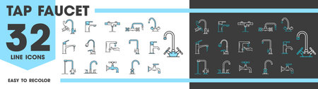 Tap kitchen and bathroom faucet line icons. Vector linear symbols set of modern plumbing fixtures, outline sink spigots, mixers with running water and valves, stylish cranes, bath equipment designのイラスト素材