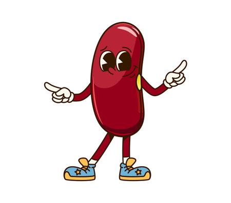 Groovy bean vegetable character. Isolated cartoon vector red kidney bean seed retro personage with expressive eyes, wearing vintage sneakers, posing with gesturing with fingers exudes funky vibesのイラスト素材