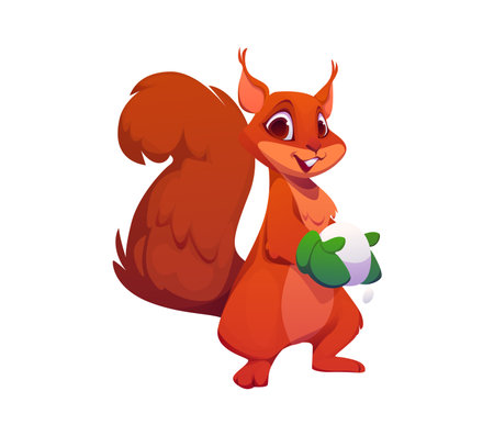 Cartoon Christmas squirrel animal character holding snowball and smiling. Isolated vector forest personage with its bright eyes and perky ears, spreads warmth and joy in a whimsical winter wonderlandのイラスト素材