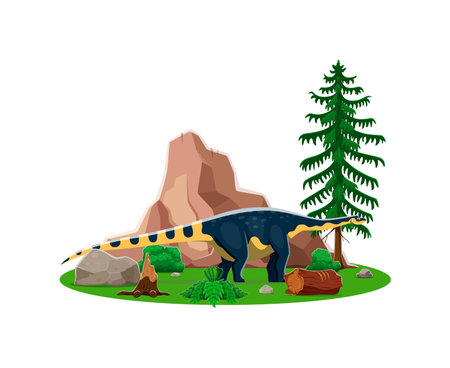 Cartoon dinosaur or prehistoric lizard Magyarosaurus in Jurassic era forest, vector character. Prehistoric dinosaur Magyarosaurus species or funny dino in jungle park for kids Jurassic collectionのイラスト素材