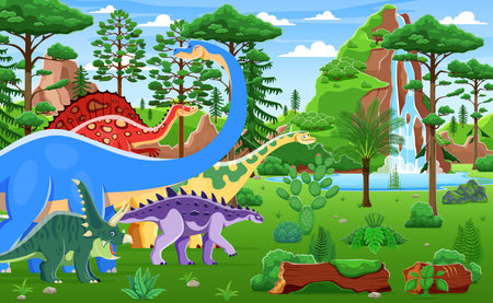 Prehistoric dinosaurs and reptiles at Jurassic amusement park landscape, vector background. Cartoon funny dinosaurs, prehistoric lizards and reptiles in jungle forest for kids dino amusement parkのイラスト素材