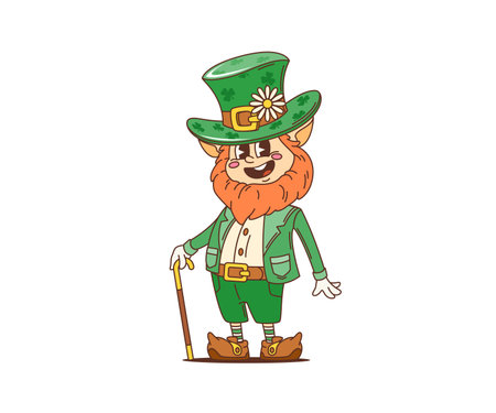 Cartoon retro leprechaun groovy character of Saint Patrick Day holiday, vector personage. Funny leprechaun groovy character with shamrock clover in hat, 70s hippie art for Irish St Patrick Day holidayのイラスト素材