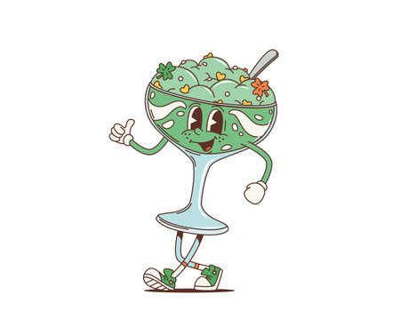 Cartoon retro groovy green ice cream dessert character, saint patrick day holiday sweet personage. Isolated vector glass cup with soft icecream and clover sprinkles for Irish holiday celebrationのイラスト素材