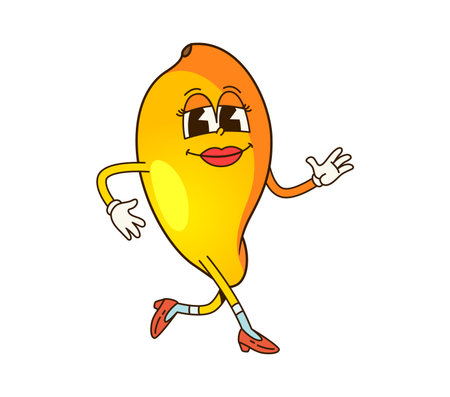 Cartoon retro groovy mango fruit character. Isolated vector cheerful, fun and playful feminine tropical fruit personage walking confidently with a happy face expression, red lips and heeled shoesのイラスト素材