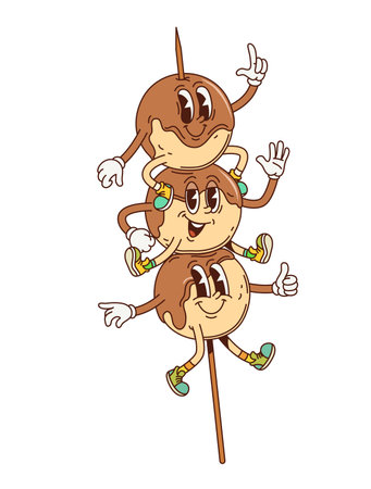 Cartoon retro groovy Japanese dango dessert characters on a stick. Isolated vector Japan pastry and kawaii sweets. Fun and playful rice ball personages served on skewer and covered with a sweet syrupのイラスト素材