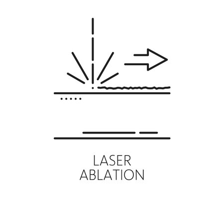 Laser cutting ablation manufacture equipment line icon. CNC marking equipment outline pictogram, laser etching production technology or steel metalwork industry thin line vector symbol or iconのイラスト素材