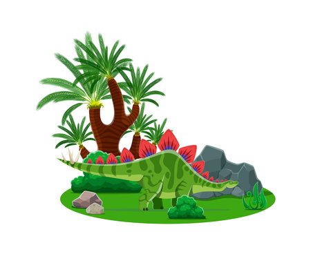 Prehistoric stegosaurus dinosaur cartoon character. Isolated vector dino with row of plates along its back and spiked tail, stands near the lush tropical vegetation. Herbivore of Late Jurassic periodのイラスト素材