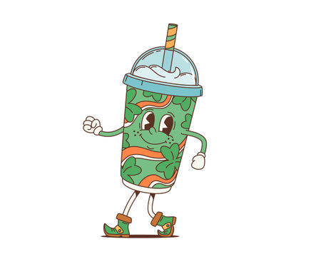 Cartoon retro groovy green smoothie cocktail character, saint patrick day holiday drink, beverage personage. Isolated vector disposable cup with dome lid and straw for Irish festive event celebrationのイラスト素材