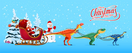 Cartoon Santa sleigh with dinosaurs whimsical festive Holiday scene. Santa Claus riding in a sleigh pulled by playful dino animals at snowy winter background with a snowman and pine treeのイラスト素材