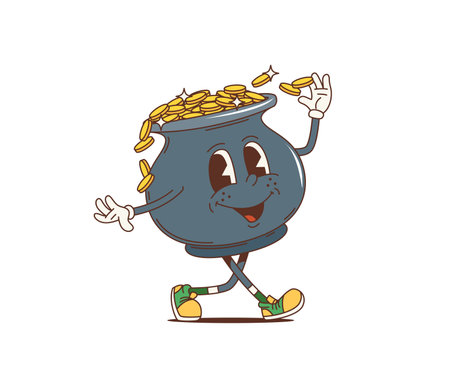Cartoon retro pot groovy character with golden coins for Saint Patrick Day holiday, vector personage. Funny cauldron pot groovy character with leprechaun golden coins for Irish St Patrick Day holidayのイラスト素材