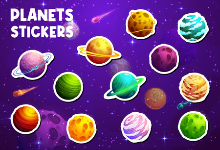 Alien space planets stickers on fantasy galaxy universe sky vector background. Cartoon futuristic planets of alien galaxy outer space stickers pack with color stone surface, craters and orbit ringsのイラスト素材