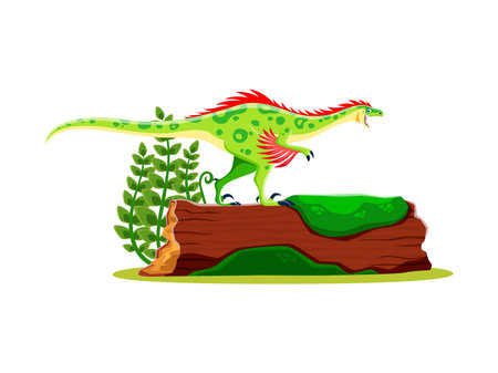 Prehistoric cartoon dinosaur character or Jurassic lizard raptor, vector funny dino. Cretaceous era dinosaur or prehistoric lizard of raptor species in forest for kids paleontology animals collectionのイラスト素材