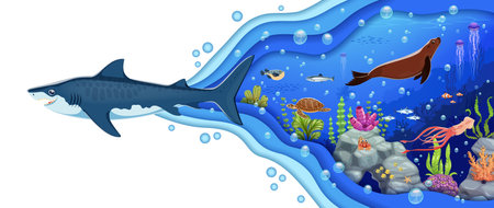 Cartoon sea underwater landscape with animals and ocean paper cut waves with swimming shark. Vector 3d papercut art with marine predator, seal, corals and turtle, promoting environmental awarenessのイラスト素材