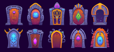 Fantasy magic gate door portals, game asset. Vector cartoon magic gates, portals and stone arches with futuristic door frames and magical light vortex. Alien universe, space or parallel world entranceのイラスト素材