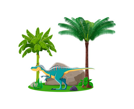 Cartoon prehistoric dinosaur or Allosaurus lizard in jungle forest, vector dino character. Prehistoric funny dinosaur lizard or Allosaurus from Jurassic era in forest park for kids paleontology dinoのイラスト素材