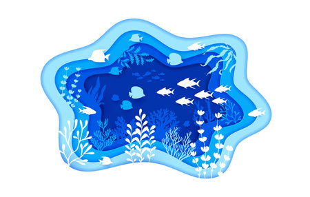 Paper cut blue underwater landscape with fish shoal and seaweeds silhouettes, vector background. Sea underwater or ocean undersea life in paper cut water with cartoon cutout fishes in seaweedのイラスト素材