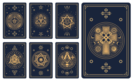 Magic occult Tarot cards with esoteric signs and mystic symbols, vector reverse decks. Tarot cards design with sun, moon and star, pentacle pentagram with skull, mason pyramid with eye and ankh crossのイラスト素材