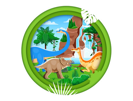 Paper cut prehistoric dinosaurs landscape banner with Jurassic lizard characters, vector background. Funny dinosaurs in jungle forest for kids dino world atlas book cover or prehistoric encyclopediaのイラスト素材