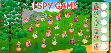 I spy game worksheet with cartoon dinosaur kids. Vector riddle or puzzle for children. Count how many baby dino hatching from the eggs. Education test or task for mind and mathematic skill developmentのイラスト素材
