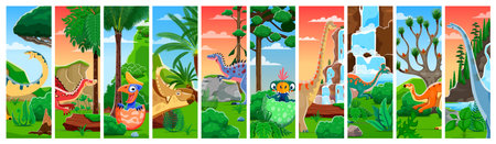 Cartoon prehistoric dinosaurs and dino kids. Vector vibrant scenes with dino species from hatching baby dinosaurs to towering giants in lush landscapes with waterfalls, trees, ferns and mountainsのイラスト素材