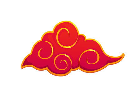 Vibrant red cloud with swirling golden accents, symbolizing good fortune and traditional aesthetics in Chinese lunar new year holiday. Isolated vector ornamental cloud, asian and oriental folk symbolのイラスト素材