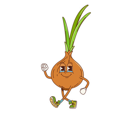 Cartoon groovy onion vegetable character for retro comic food, vector personage. Groovy funny onion bulb crying with tears in eyes with happy silly face and funky quirky expression for vegetable emojiのイラスト素材